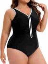 One-Piece Swimsuit, European and American Style, Plus Size, Black and Blue Color-Blocking, Front Zipper, Slimming Swimsuit, Waist-Cinching, Tummy-Covering, for Plus-Size Women, Hot Spring Swimwear